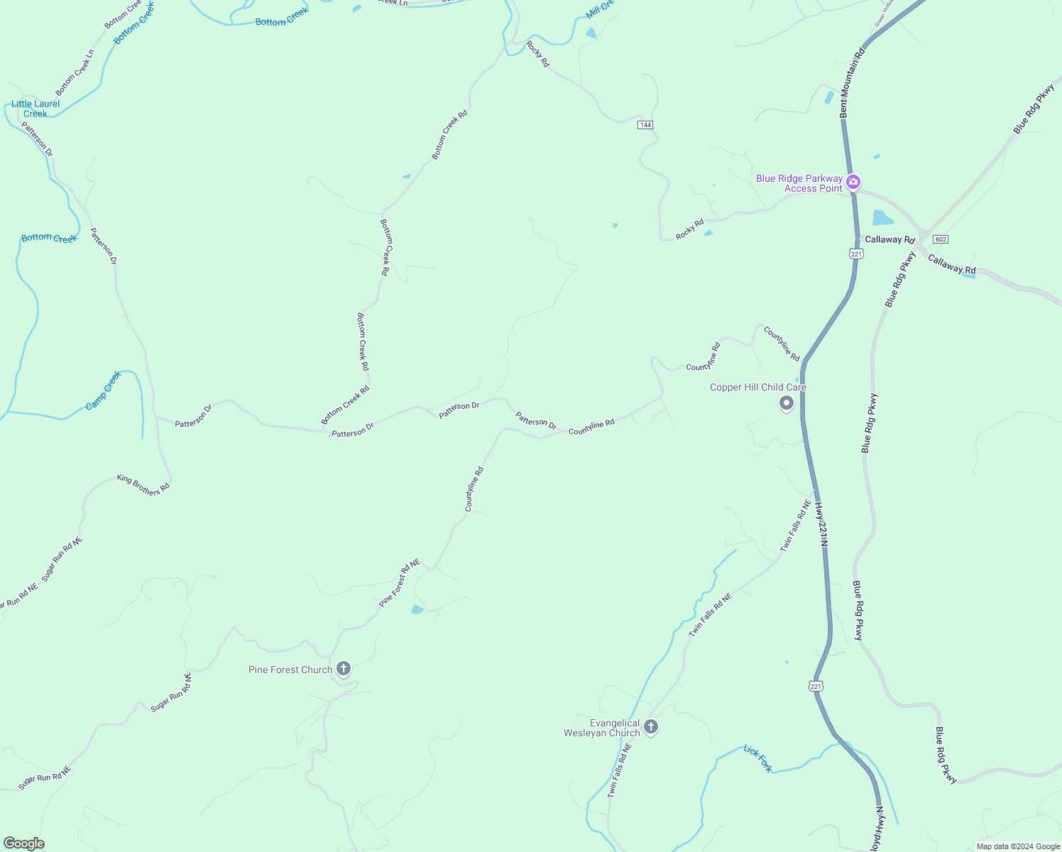 map of restaurants, bars, coffee shops, grocery stores, and more near 11729 CountyLine Road in Bent Mountain