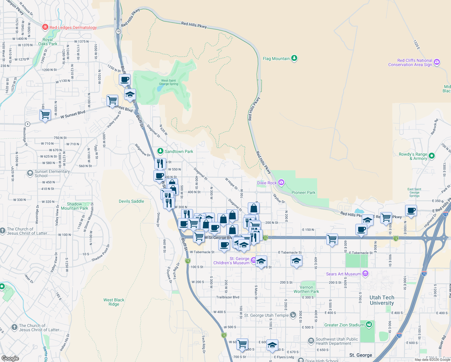 map of restaurants, bars, coffee shops, grocery stores, and more near 243 West Hope Street in St. George