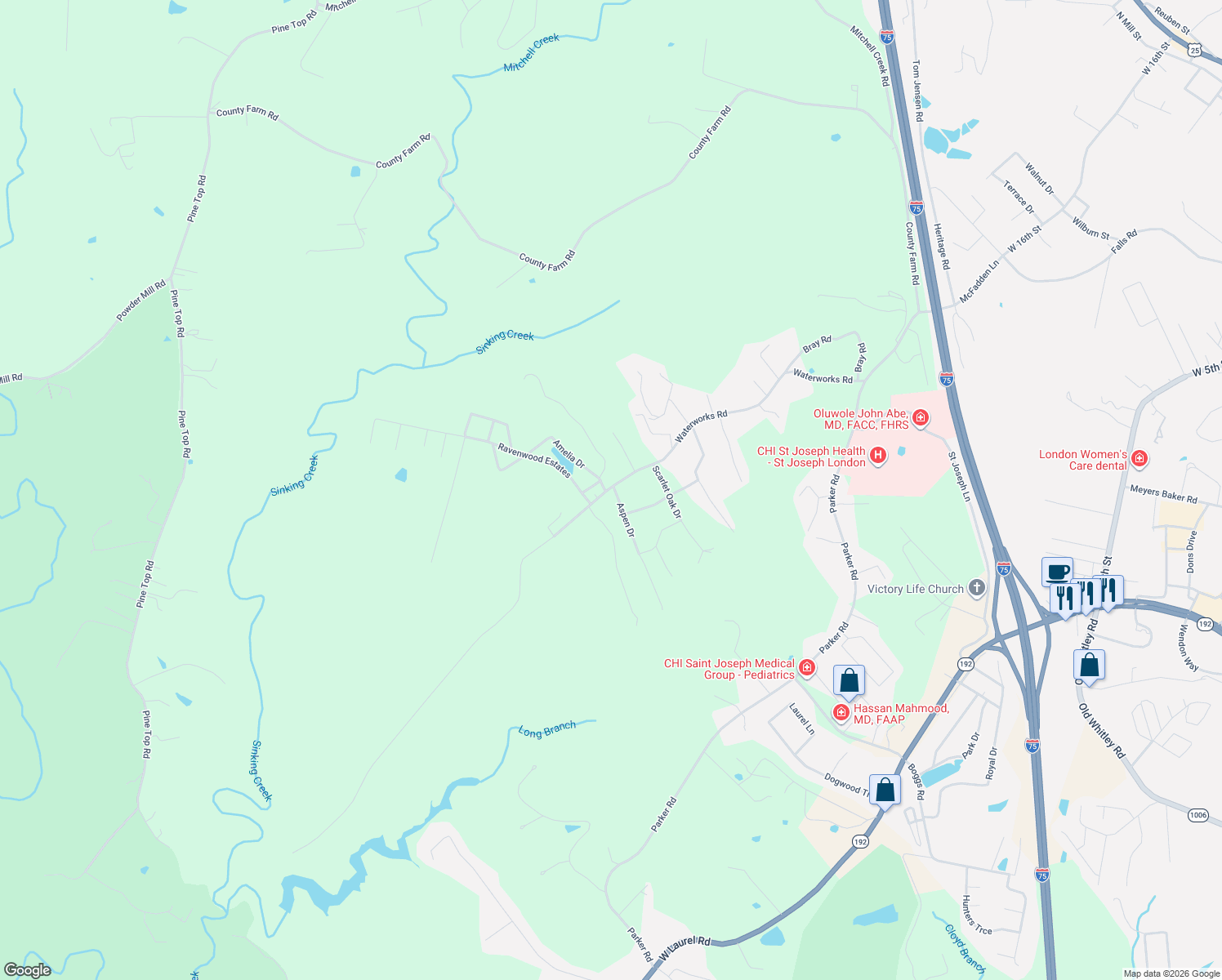 map of restaurants, bars, coffee shops, grocery stores, and more near 410 Aspen Drive in London