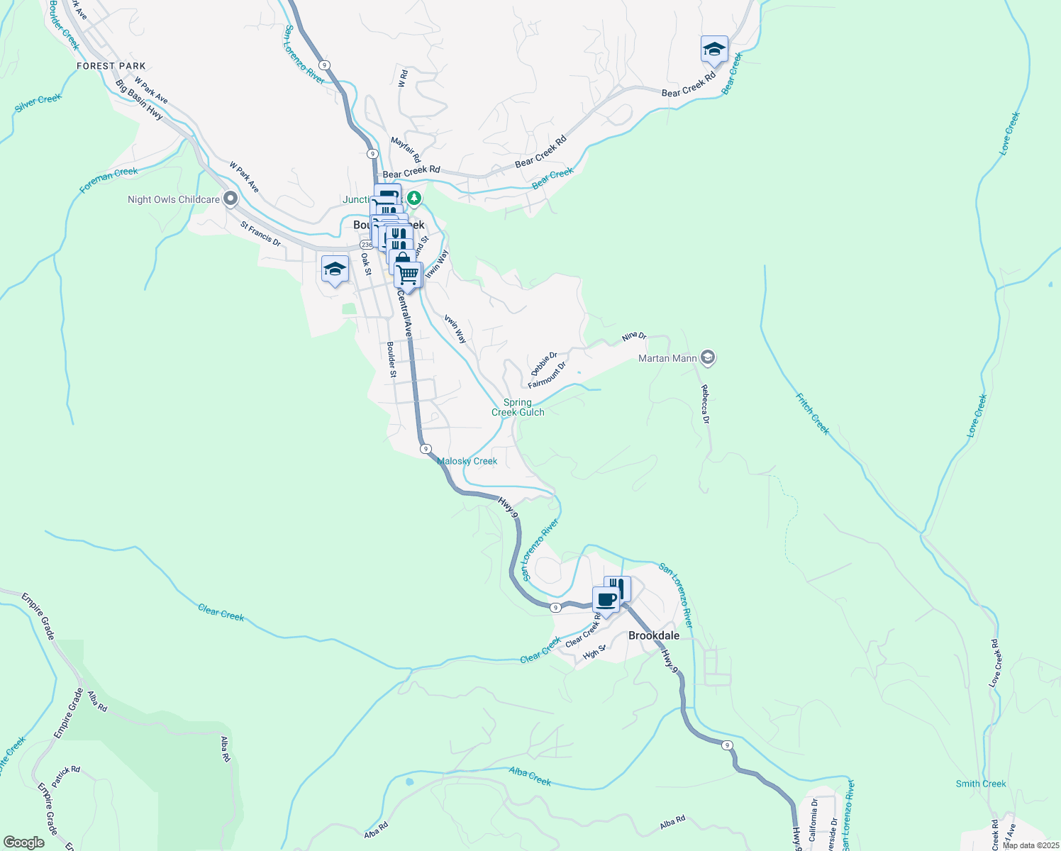 map of restaurants, bars, coffee shops, grocery stores, and more near 12470 Irwin Way in Boulder Creek