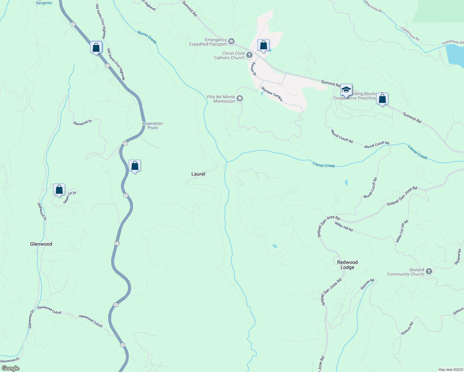 map of restaurants, bars, coffee shops, grocery stores, and more near 16770 Redwood Lodge Road in Los Gatos