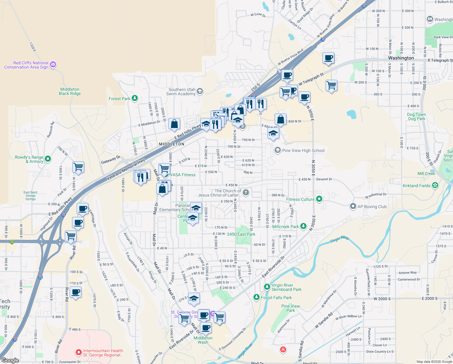map of restaurants, bars, coffee shops, grocery stores, and more near 2392 East 480 North Circle in St. George