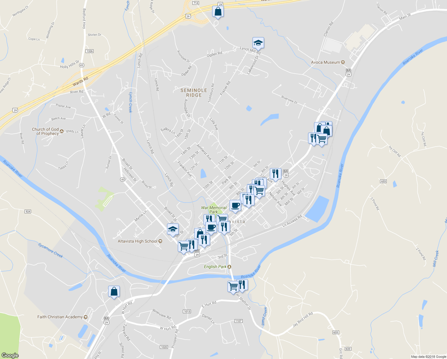 map of restaurants, bars, coffee shops, grocery stores, and more near 912 Park Street in Altavista
