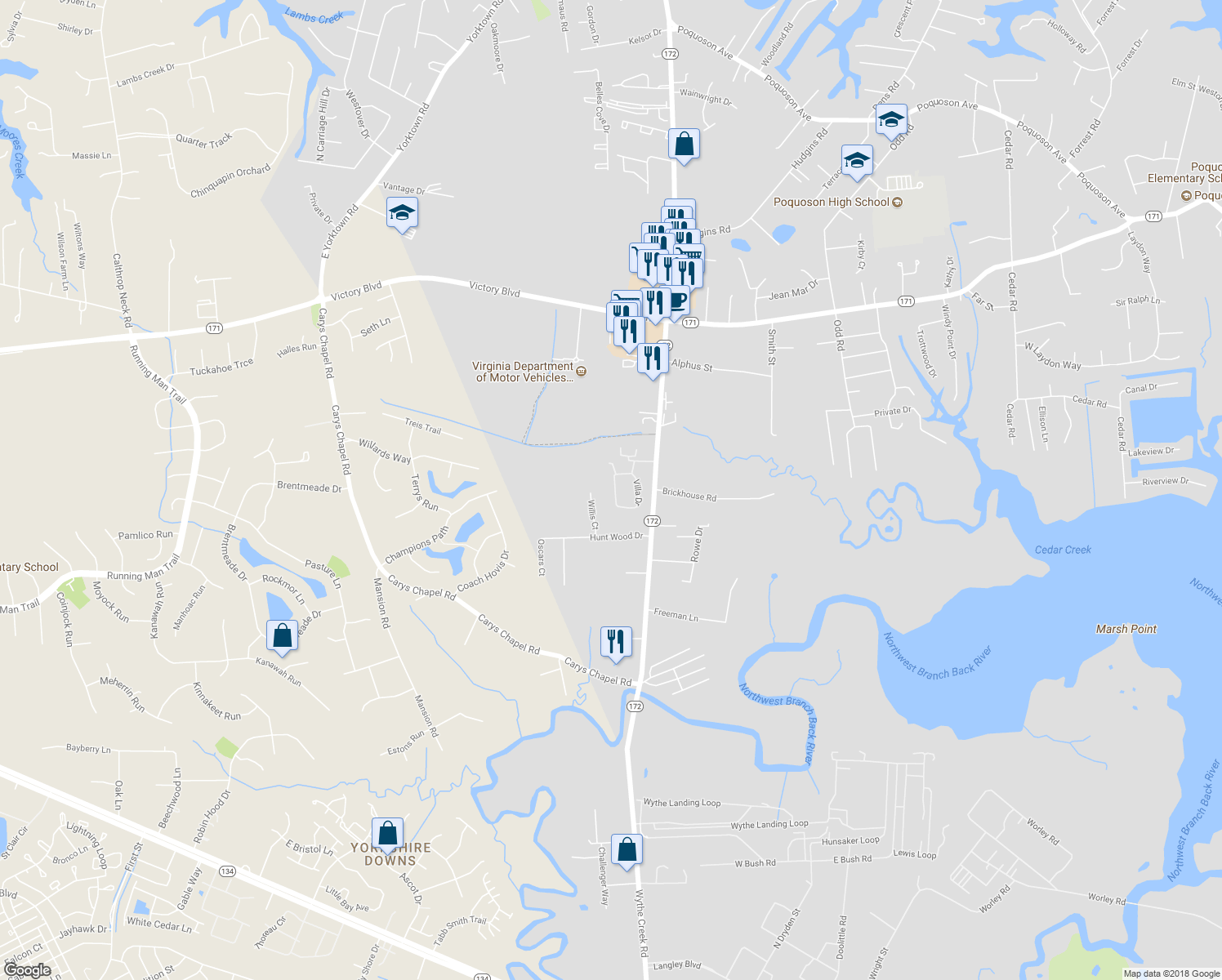 map of restaurants, bars, coffee shops, grocery stores, and more near 134 Villa Drive in Poquoson