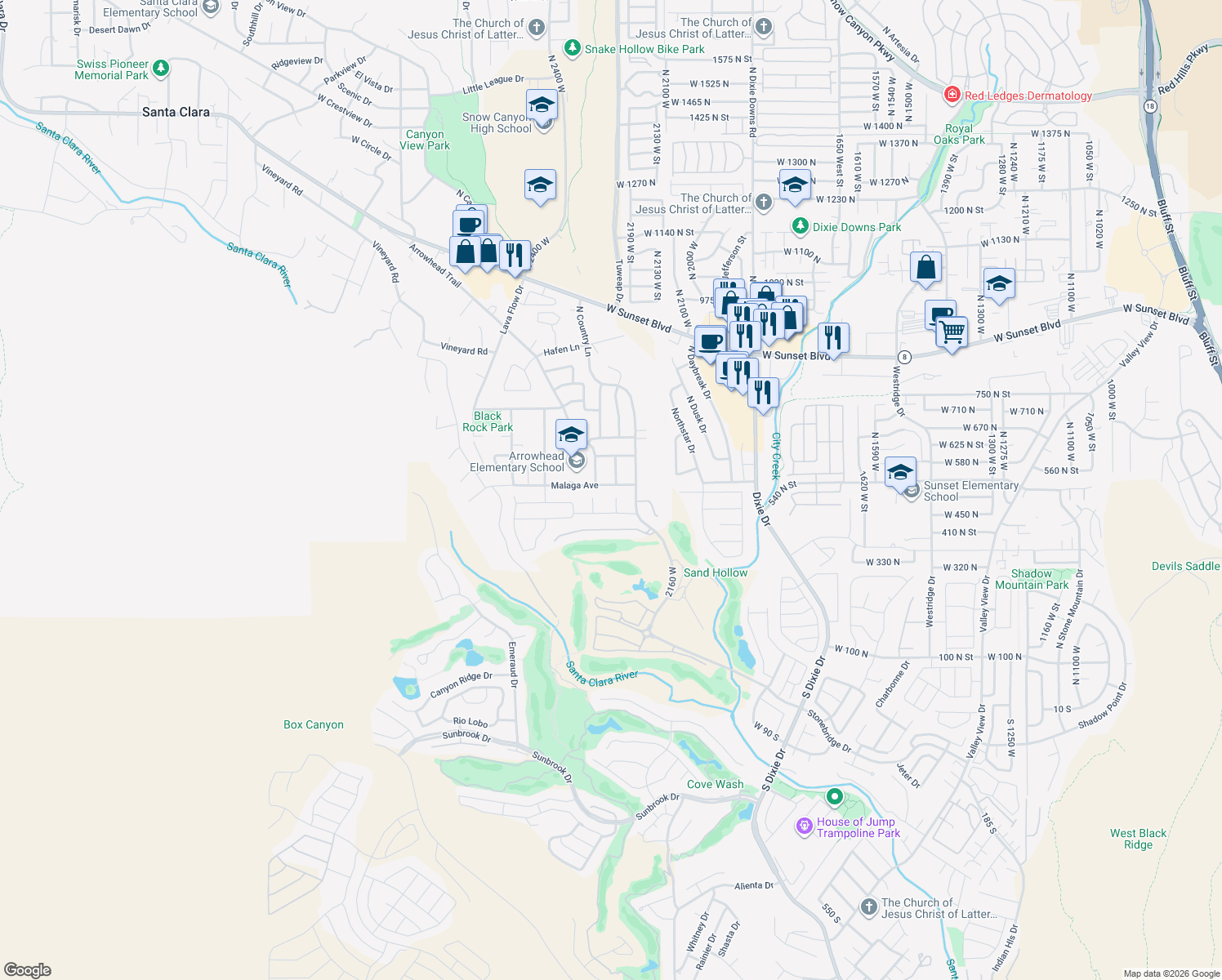 map of restaurants, bars, coffee shops, grocery stores, and more near 2263 Malaga Avenue in Santa Clara