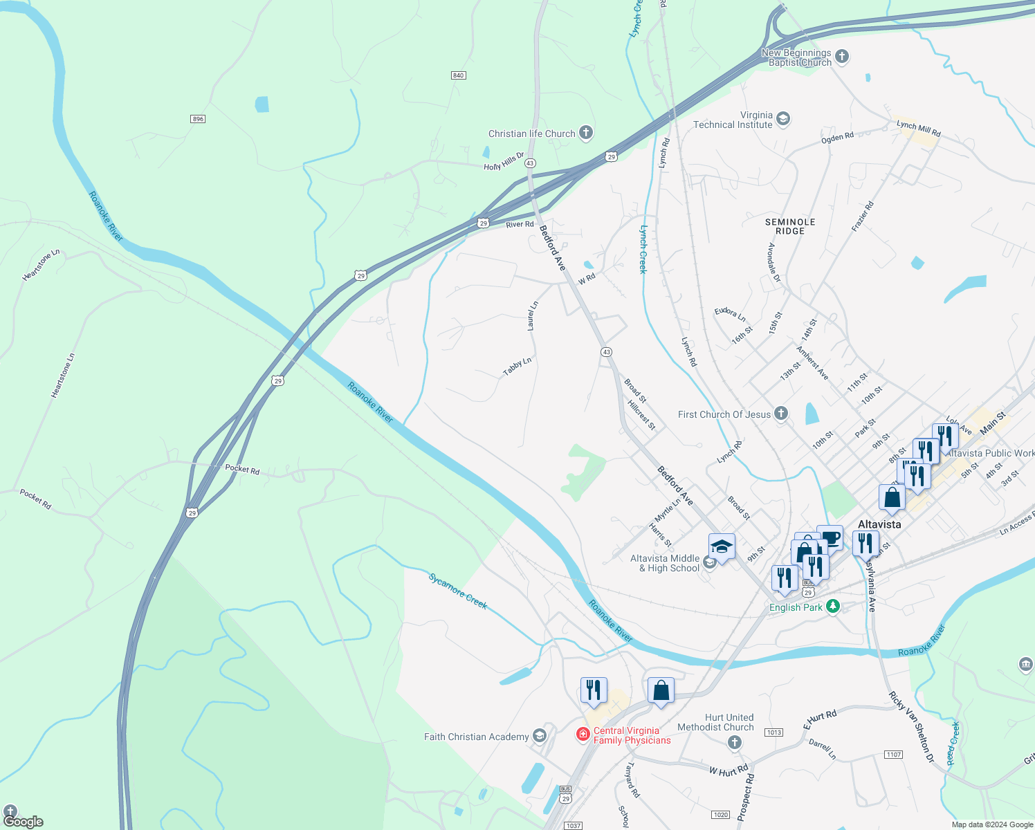 map of restaurants, bars, coffee shops, grocery stores, and more near 2110 Laurel Ln in Altavista