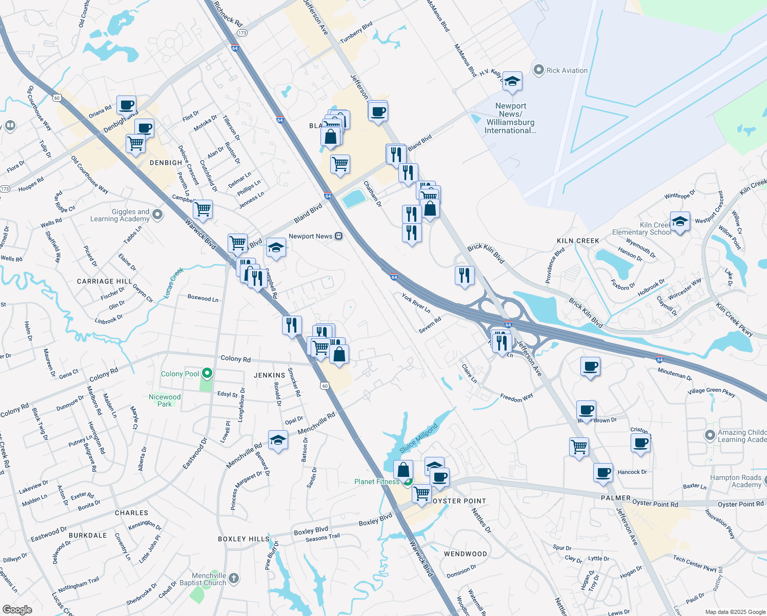 map of restaurants, bars, coffee shops, grocery stores, and more near 13350 Warwick Springs Drive in Newport News