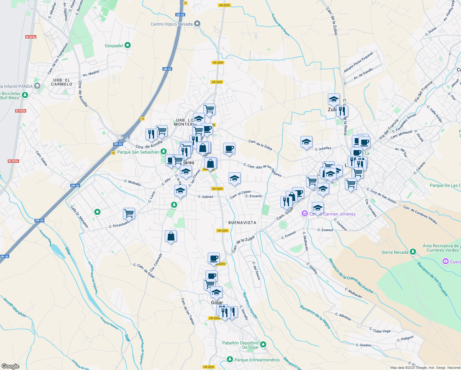 map of restaurants, bars, coffee shops, grocery stores, and more near 21 Calle Río Dílar in Ogíjares