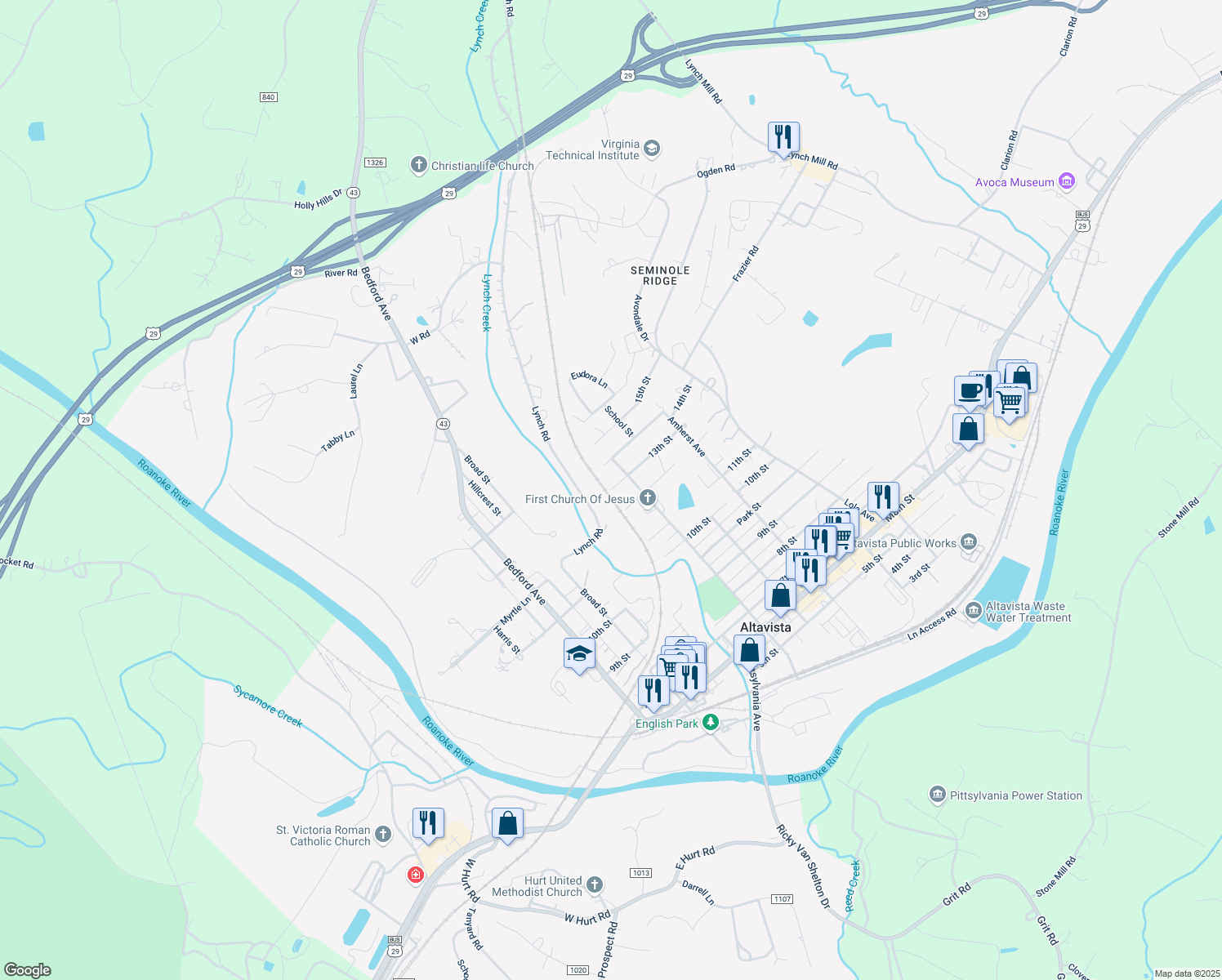 map of restaurants, bars, coffee shops, grocery stores, and more near 13th Street in Altavista