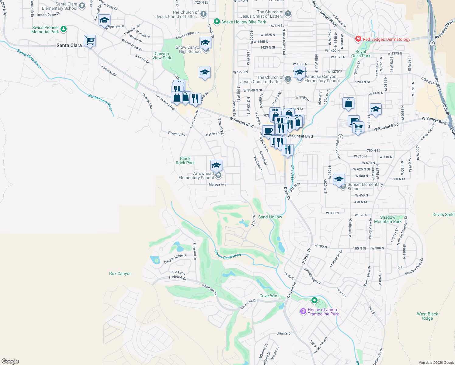 map of restaurants, bars, coffee shops, grocery stores, and more near 2286 Malaga Avenue in Santa Clara