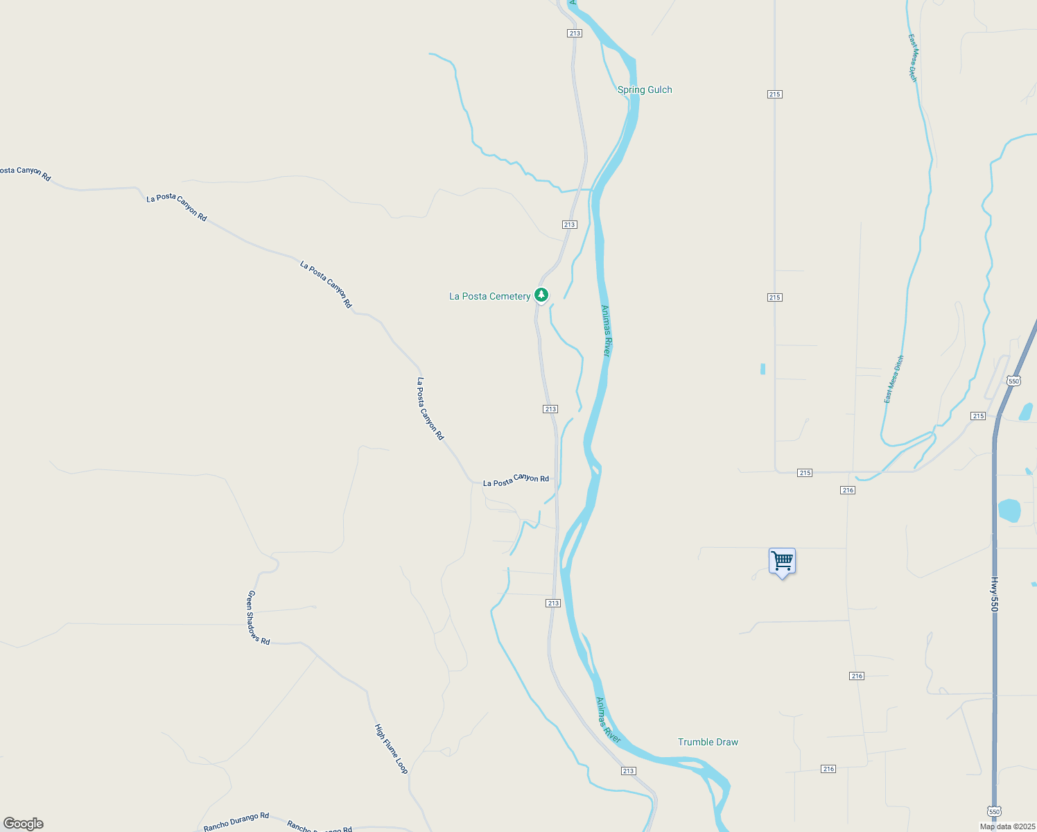 map of restaurants, bars, coffee shops, grocery stores, and more near 5391 County Road 213 in Durango