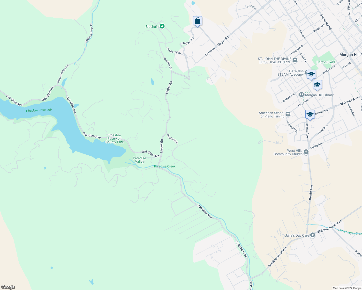 map of restaurants, bars, coffee shops, grocery stores, and more near 2100 Dahlberg Drive in Morgan Hill