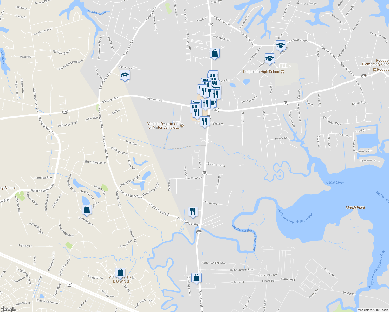map of restaurants, bars, coffee shops, grocery stores, and more near 106 Villa Drive in Poquoson