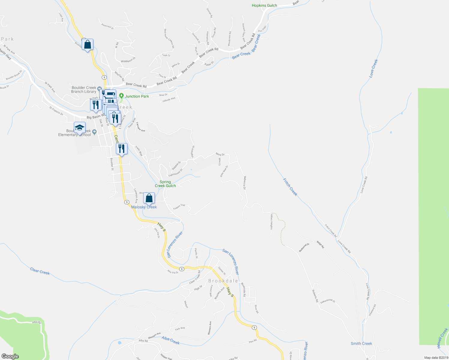 map of restaurants, bars, coffee shops, grocery stores, and more near 850 Elsie Mae Drive in Boulder Creek