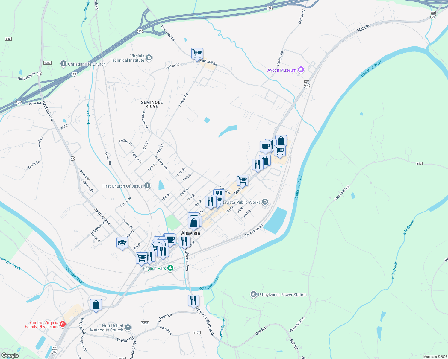map of restaurants, bars, coffee shops, grocery stores, and more near 1155 8th St in Altavista