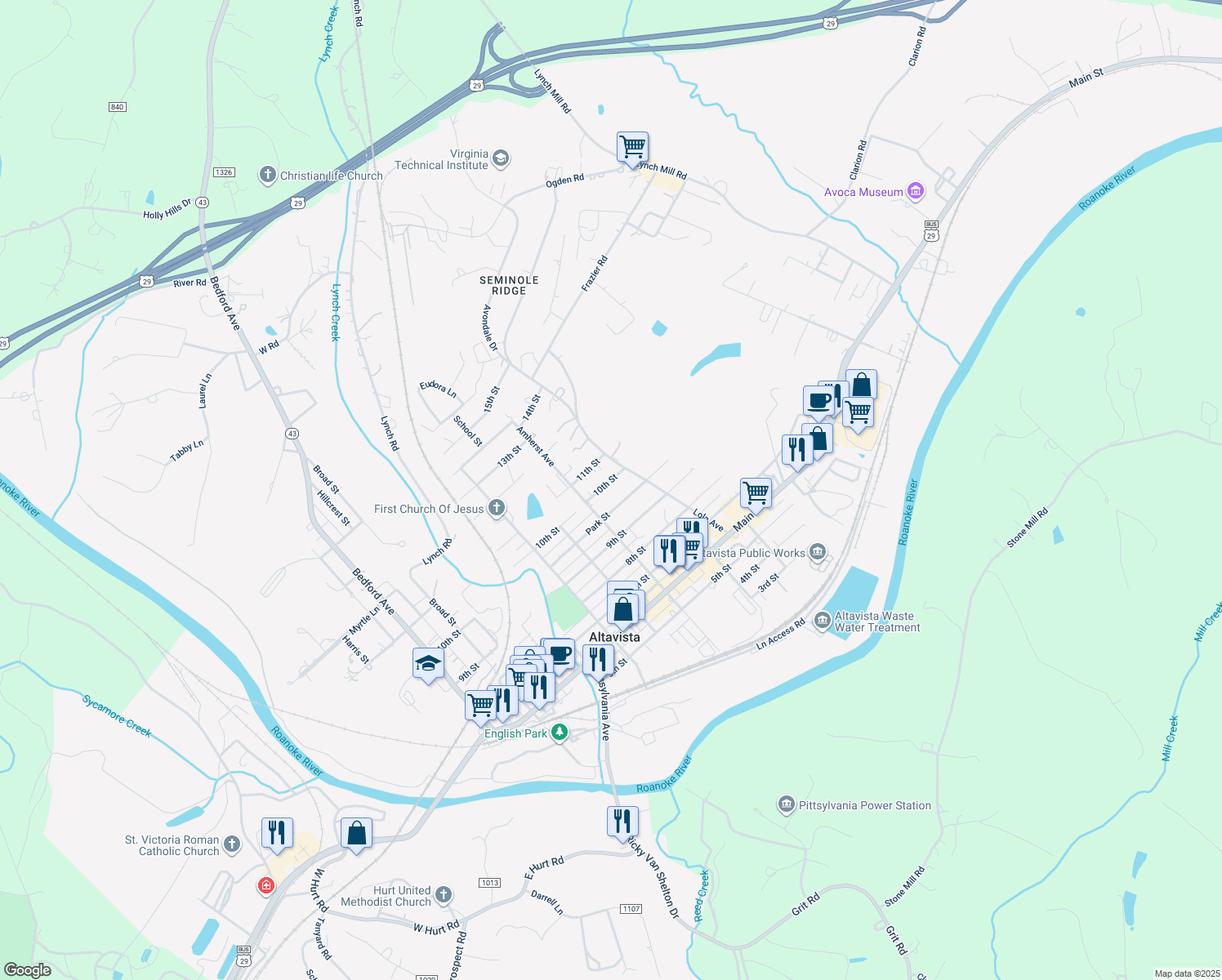 map of restaurants, bars, coffee shops, grocery stores, and more near 1009 10th Street in Altavista