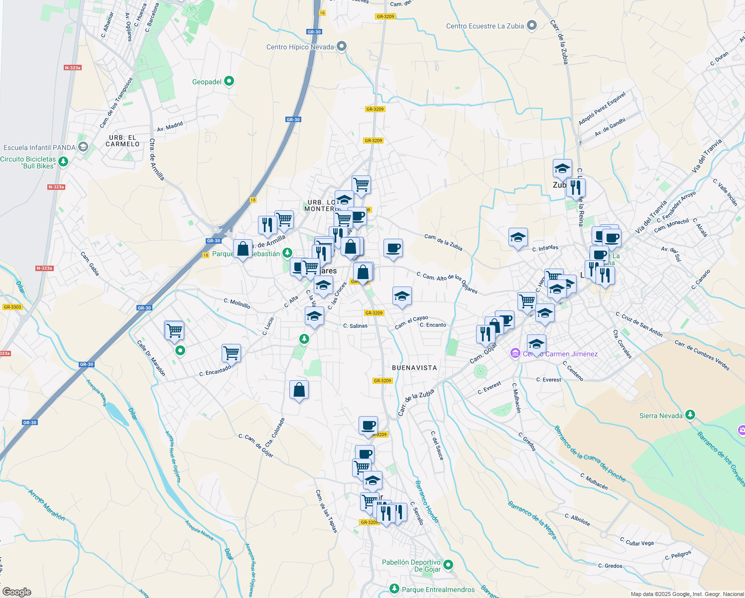 map of restaurants, bars, coffee shops, grocery stores, and more near 4 Calle Río in Granada