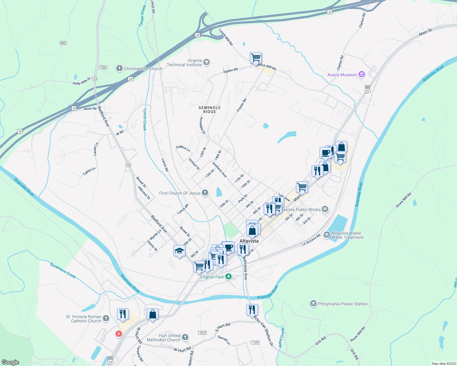 map of restaurants, bars, coffee shops, grocery stores, and more near 1208 Amherst Avenue in Altavista