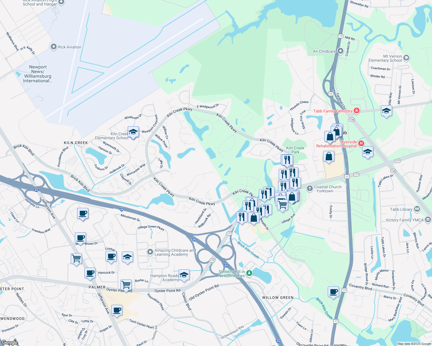 map of restaurants, bars, coffee shops, grocery stores, and more near 994 Drivers Ln in Newport News