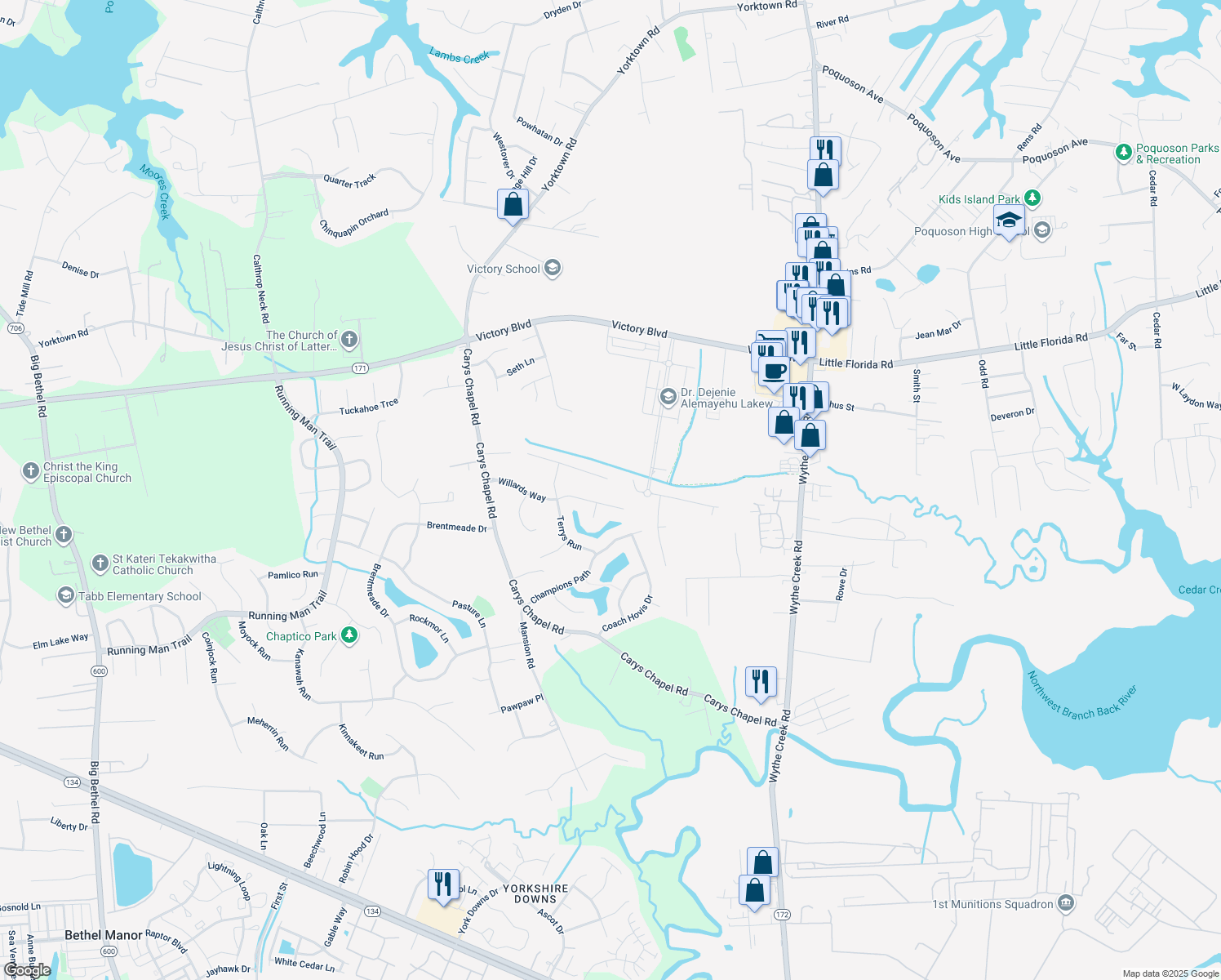 map of restaurants, bars, coffee shops, grocery stores, and more near 101 Treis Trail in Yorktown