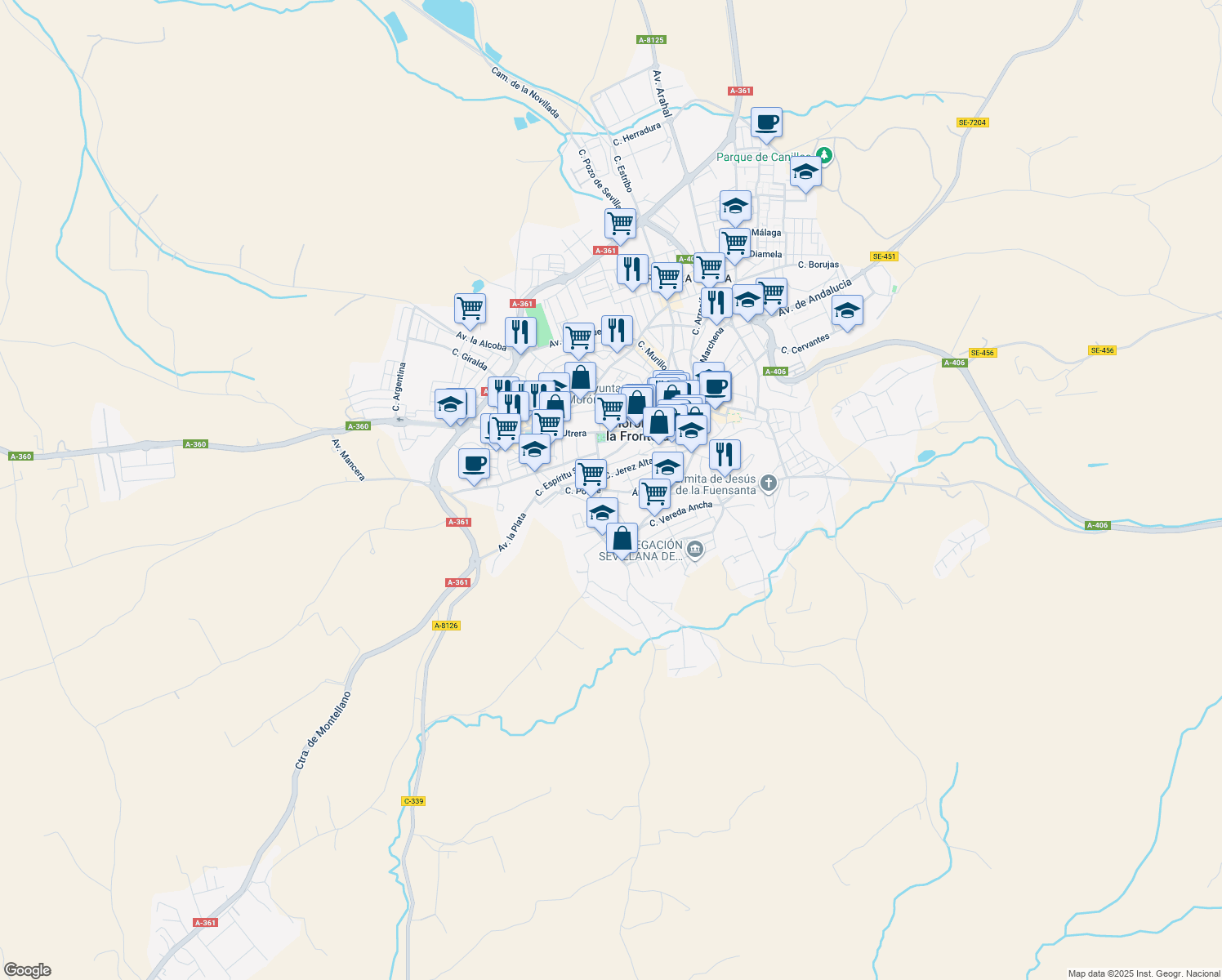 map of restaurants, bars, coffee shops, grocery stores, and more near 9A Calle Calzadilla in Morón de la Frontera