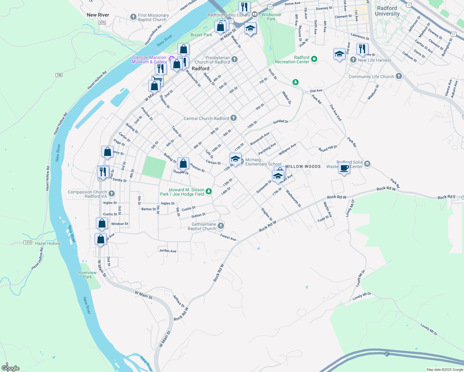 map of restaurants, bars, coffee shops, grocery stores, and more near 820 14th St in Radford