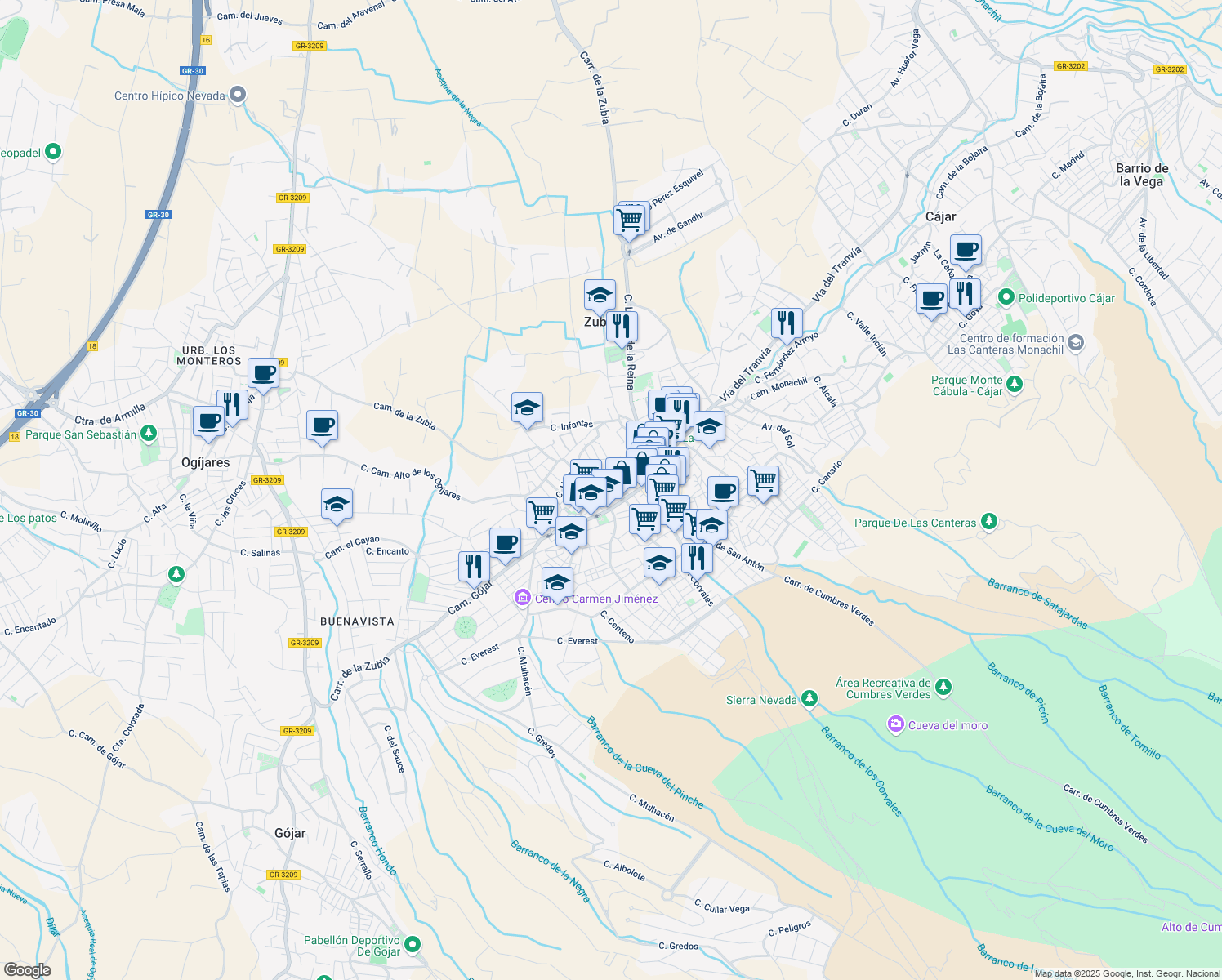 map of restaurants, bars, coffee shops, grocery stores, and more near 3 Calle Manuel Vazquez Montalban in La Zubia