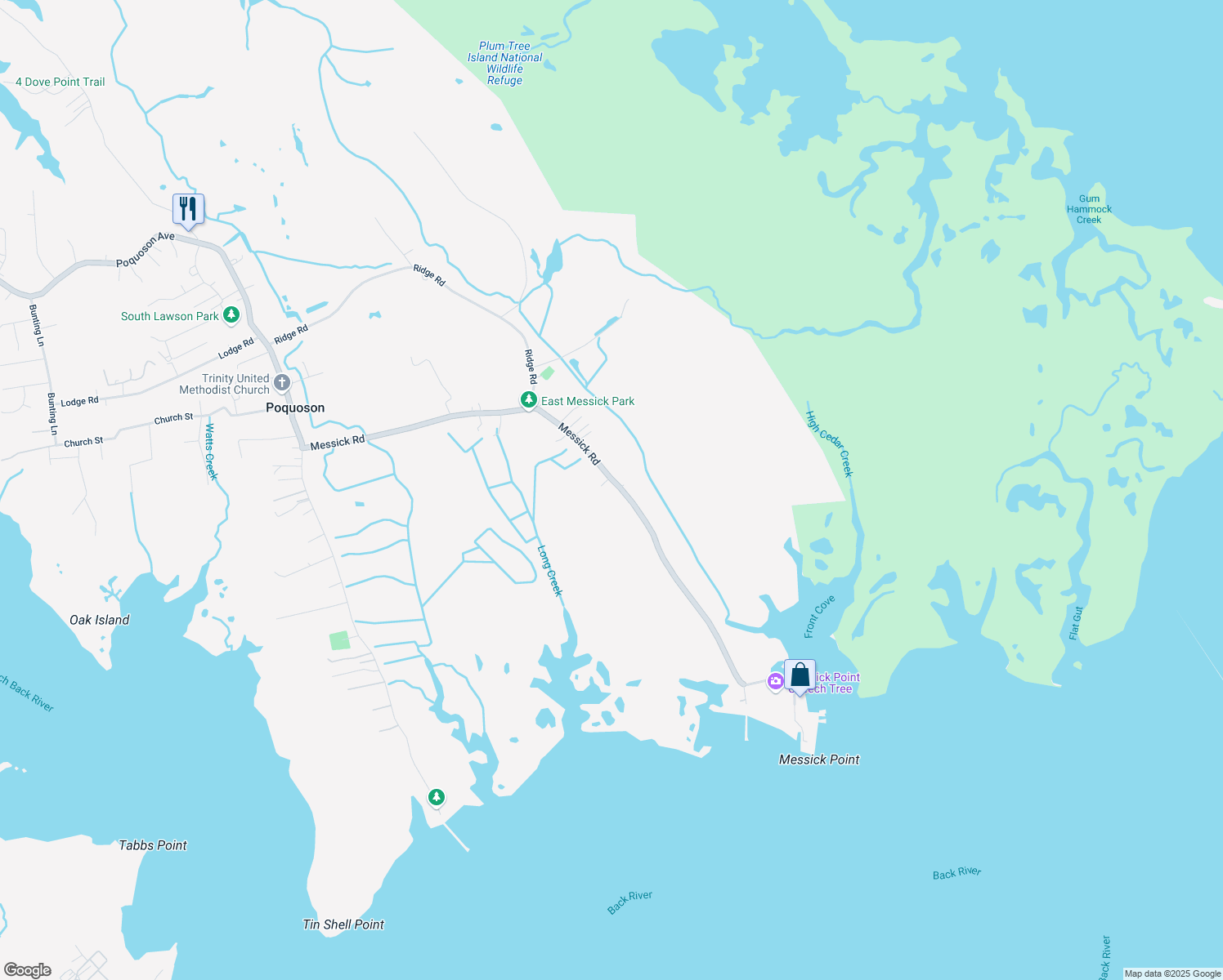 map of restaurants, bars, coffee shops, grocery stores, and more near 212 Messick Road in Poquoson