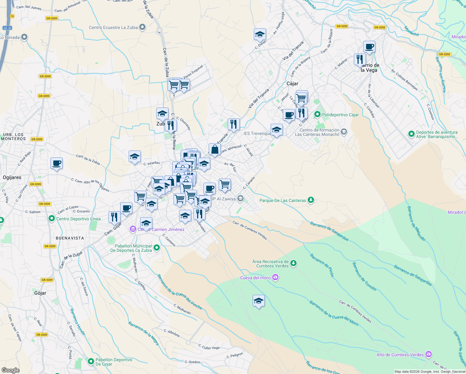 map of restaurants, bars, coffee shops, grocery stores, and more near 1A Calle Codorniz in La Zubia