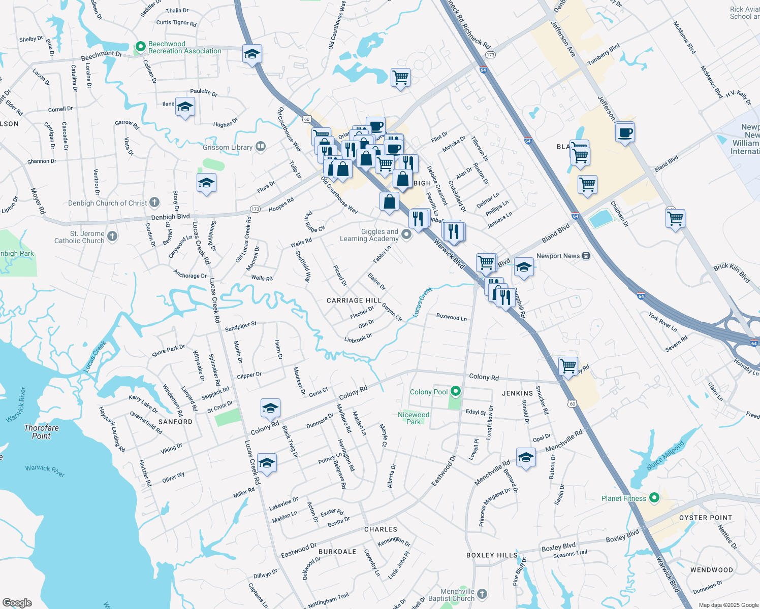map of restaurants, bars, coffee shops, grocery stores, and more near 101 Fischer Drive in Newport News