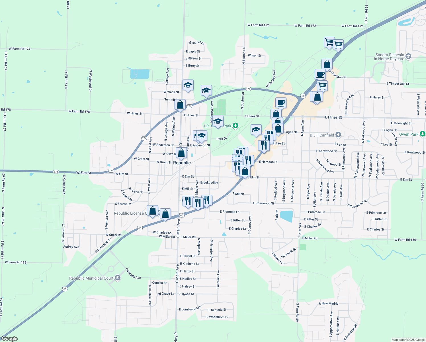 map of restaurants, bars, coffee shops, grocery stores, and more near 120 North Hampton Avenue in Republic