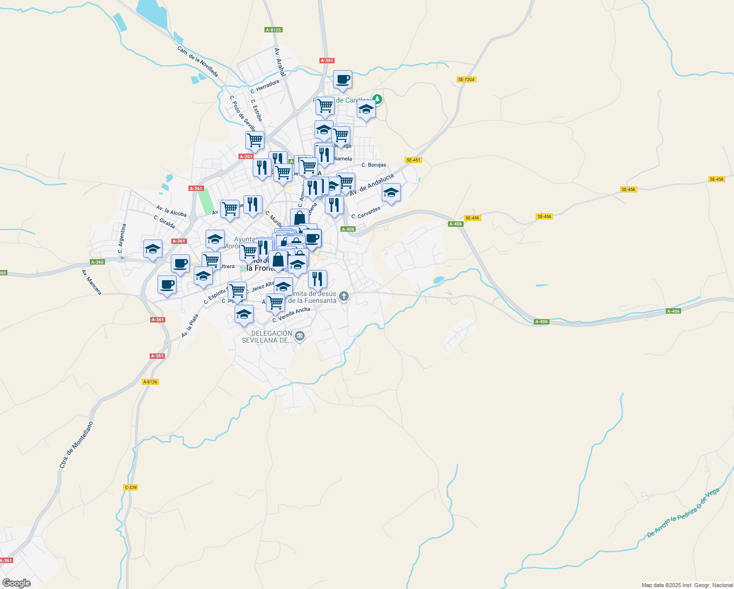 map of restaurants, bars, coffee shops, grocery stores, and more near 106 Calle Fuensanta in Morón de la Frontera