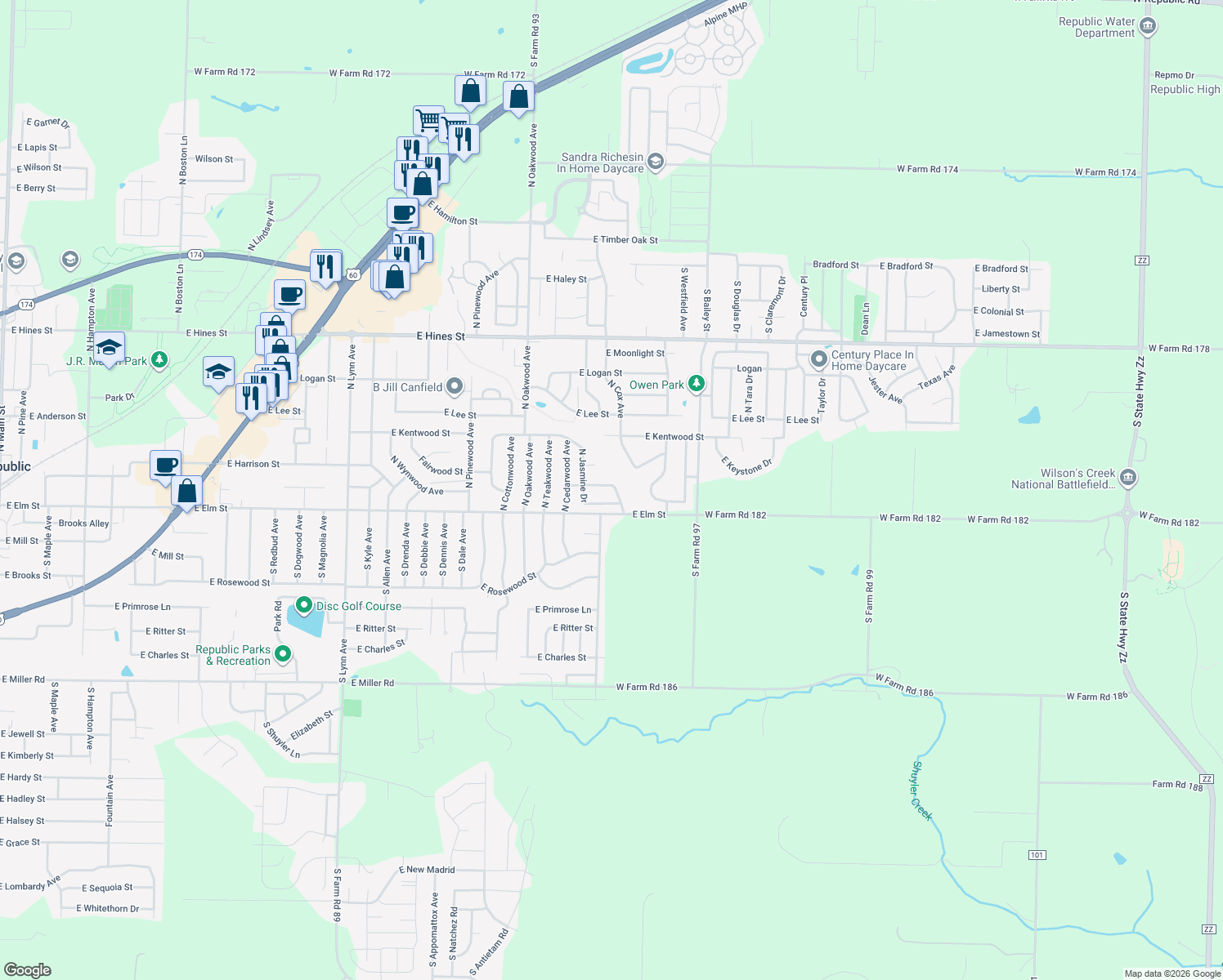 map of restaurants, bars, coffee shops, grocery stores, and more near 2214 E Foxborough Dr in Republic