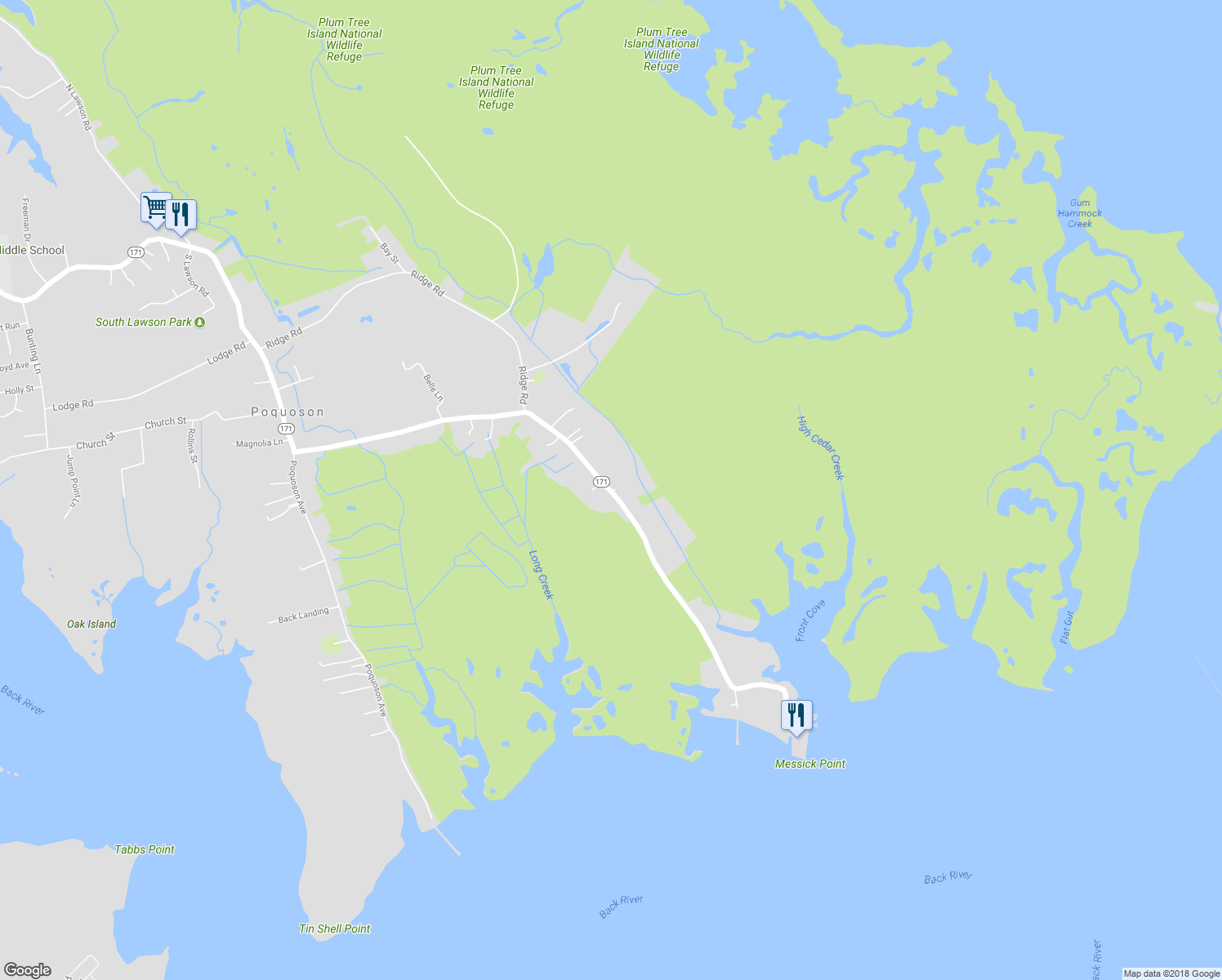 map of restaurants, bars, coffee shops, grocery stores, and more near 217 Messick Road in Poquoson