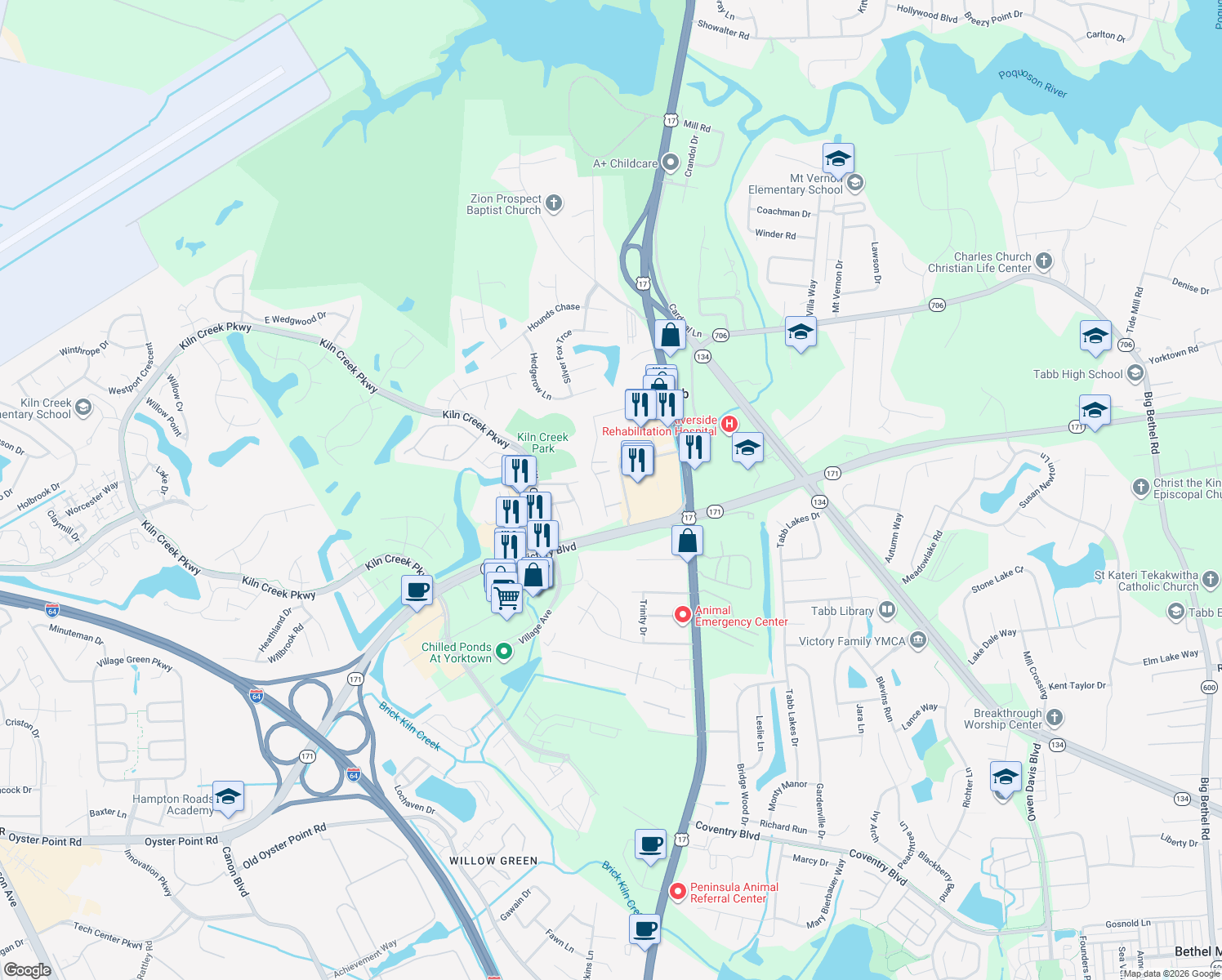 map of restaurants, bars, coffee shops, grocery stores, and more near 221 Rich Road in Yorktown