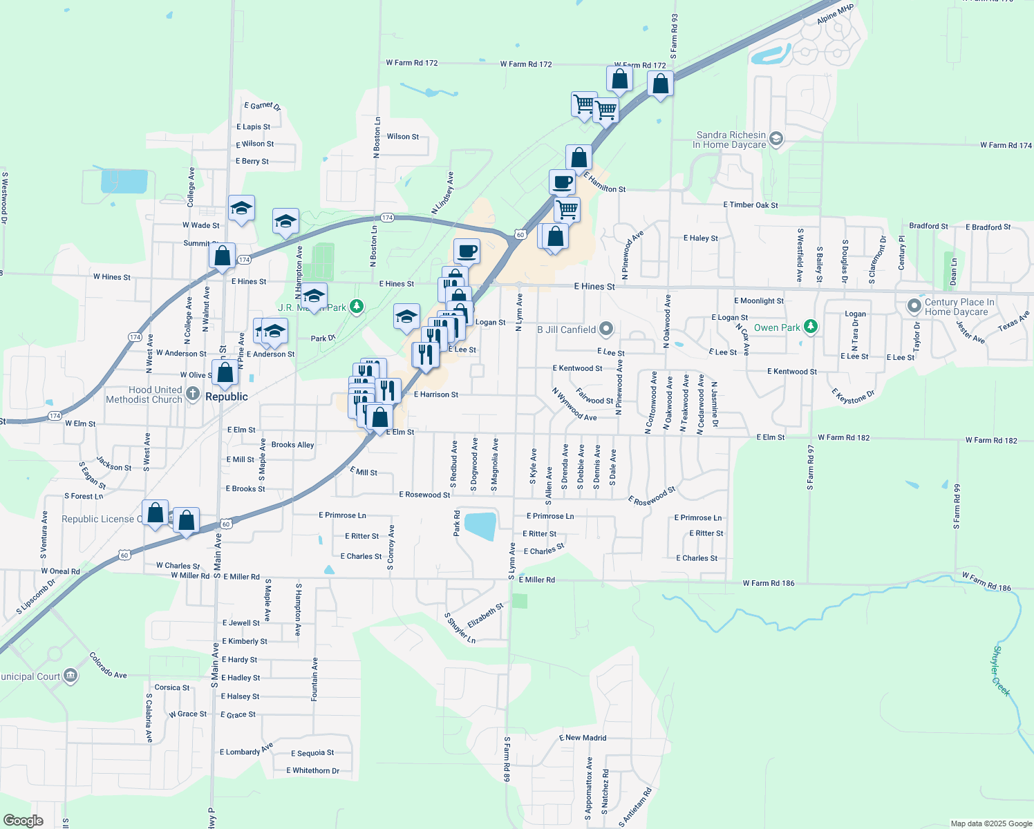 map of restaurants, bars, coffee shops, grocery stores, and more near 198 North Lynn Avenue in Republic