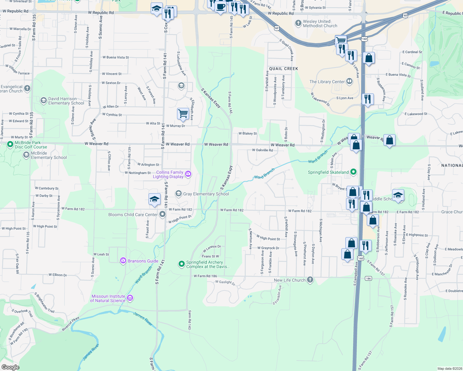 map of restaurants, bars, coffee shops, grocery stores, and more near 5228 S Nettleton Ave in Springfield