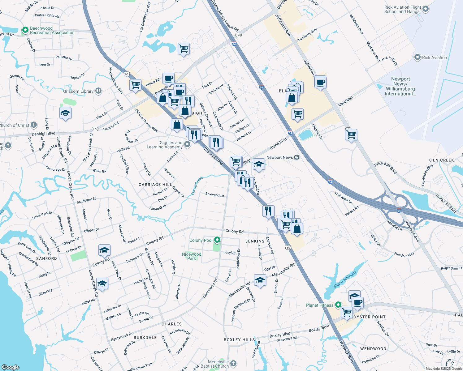 map of restaurants, bars, coffee shops, grocery stores, and more near 448 Eastwood Drive in Newport News