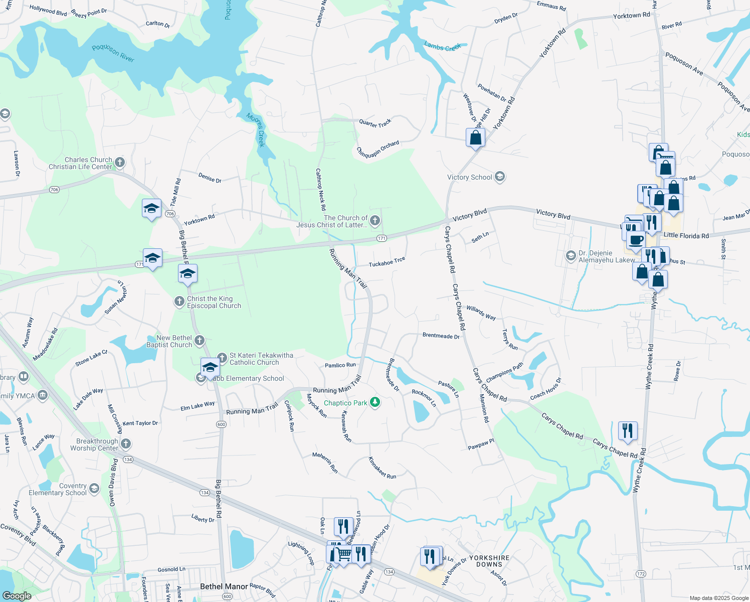 map of restaurants, bars, coffee shops, grocery stores, and more near 100 Mobjack Loop in Yorktown