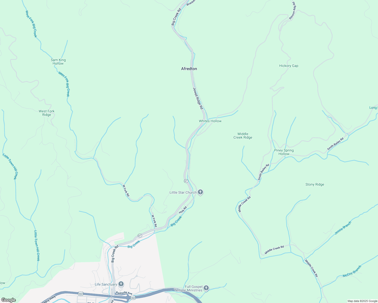 map of restaurants, bars, coffee shops, grocery stores, and more near Big Creek Road in Richlands
