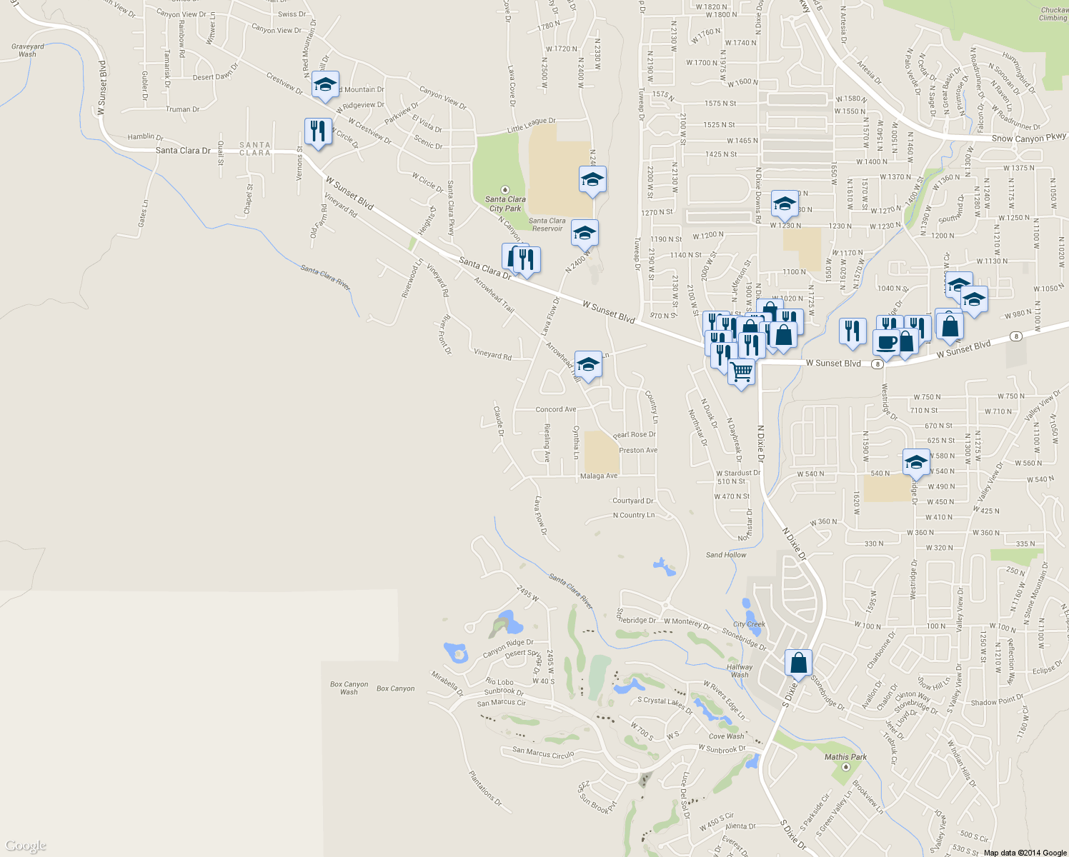 map of restaurants, bars, coffee shops, grocery stores, and more near 636 Riesling Circle in Santa Clara