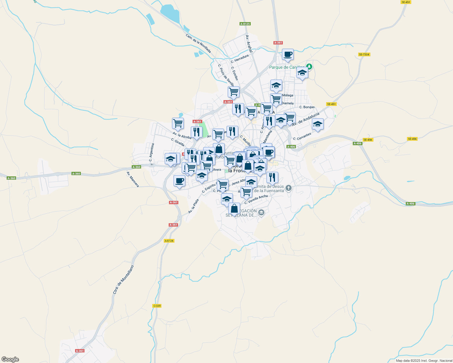 map of restaurants, bars, coffee shops, grocery stores, and more near 9A Calle Calzadilla in Morón de la Frontera