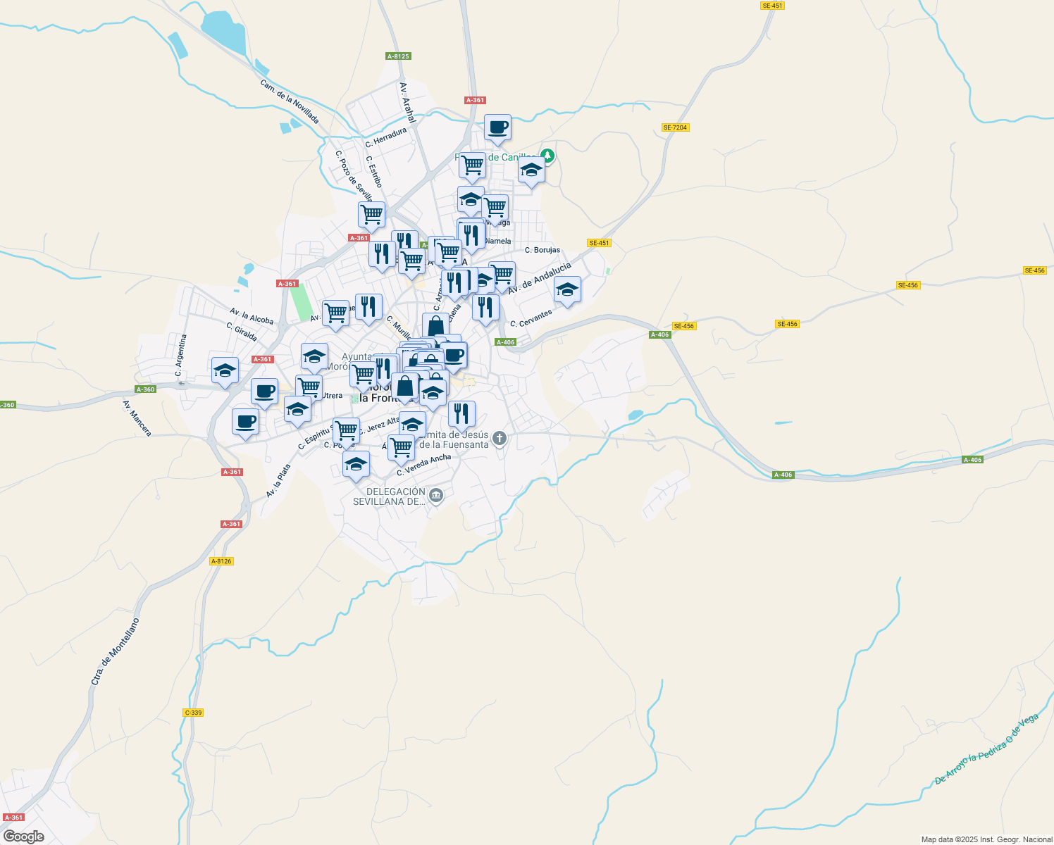 map of restaurants, bars, coffee shops, grocery stores, and more near 106 Calle Fuensanta in Morón de la Frontera