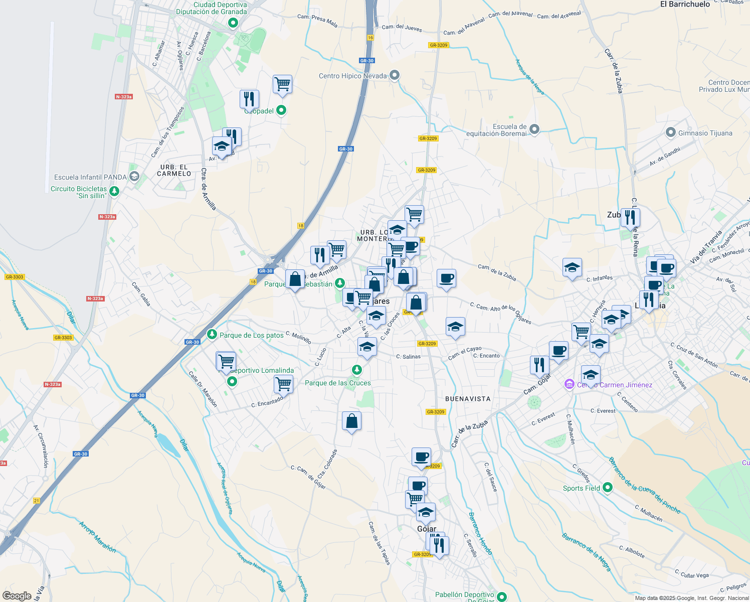 map of restaurants, bars, coffee shops, grocery stores, and more near in Ogíjares