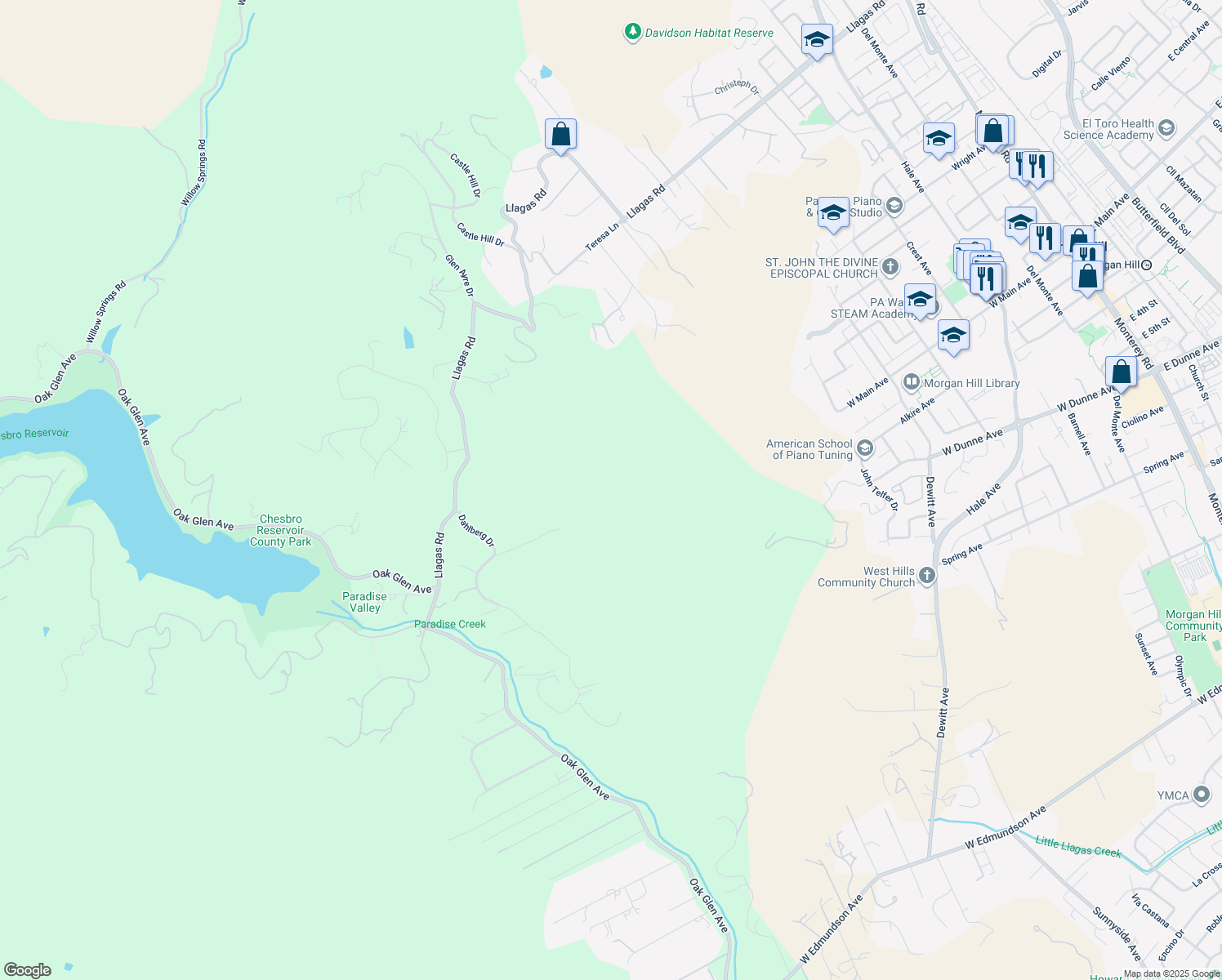 map of restaurants, bars, coffee shops, grocery stores, and more near 2100 Dahlberg Drive in Morgan Hill