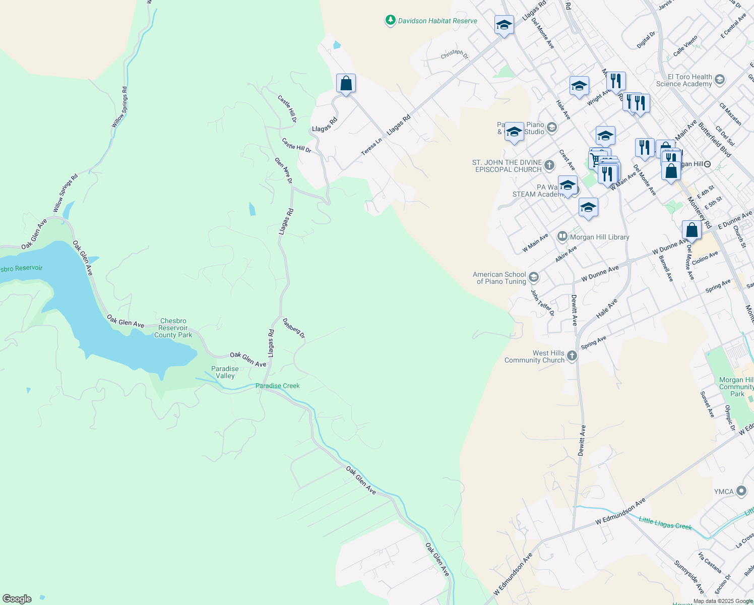 map of restaurants, bars, coffee shops, grocery stores, and more near 2100 Dahlberg Drive in Morgan Hill