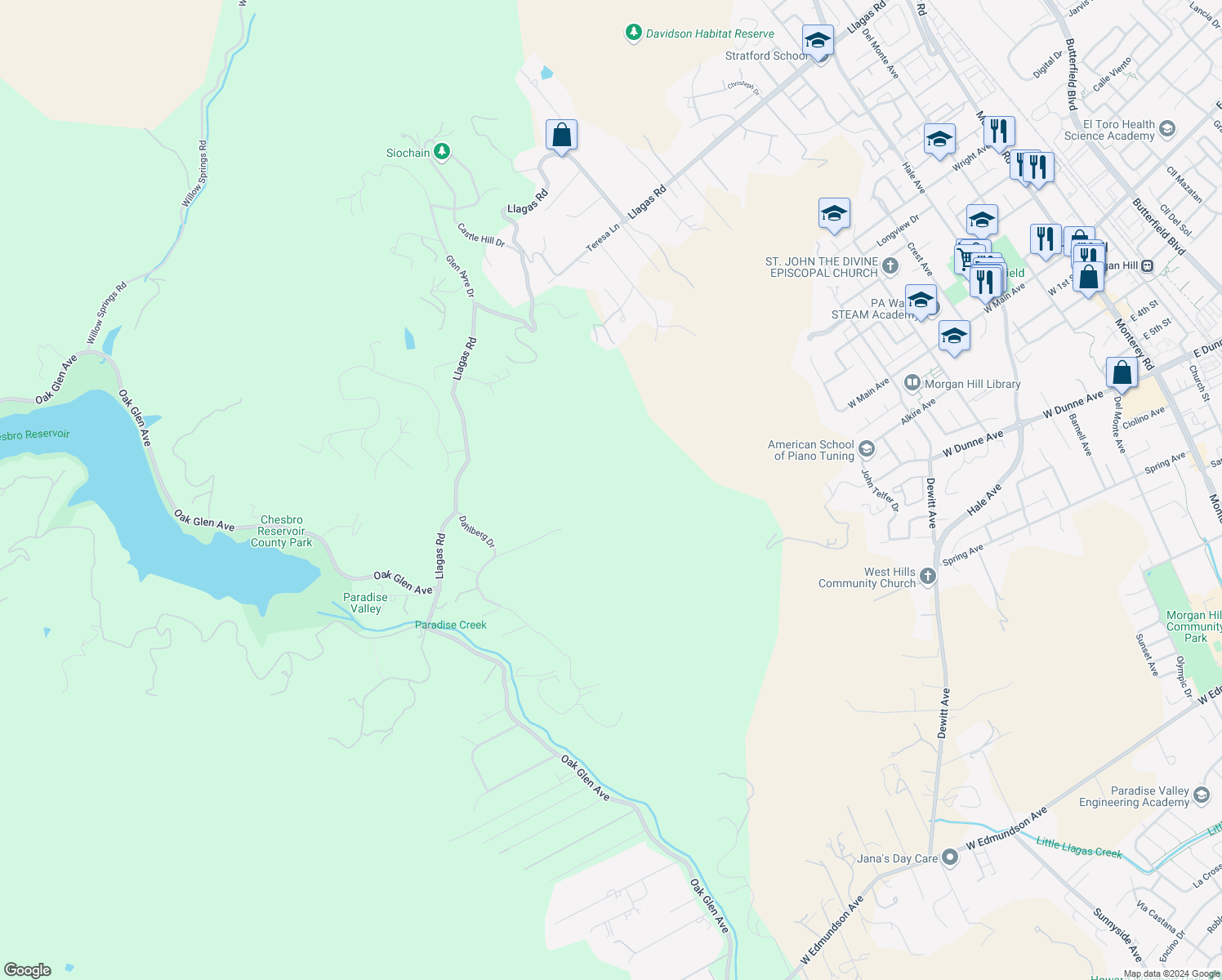 map of restaurants, bars, coffee shops, grocery stores, and more near Dahlberg Drive in Morgan Hill