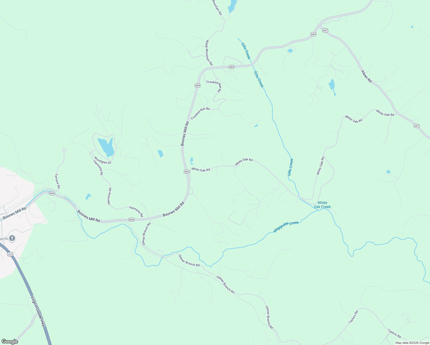 map of restaurants, bars, coffee shops, grocery stores, and more near 880 White Oak Road in Boones Mill