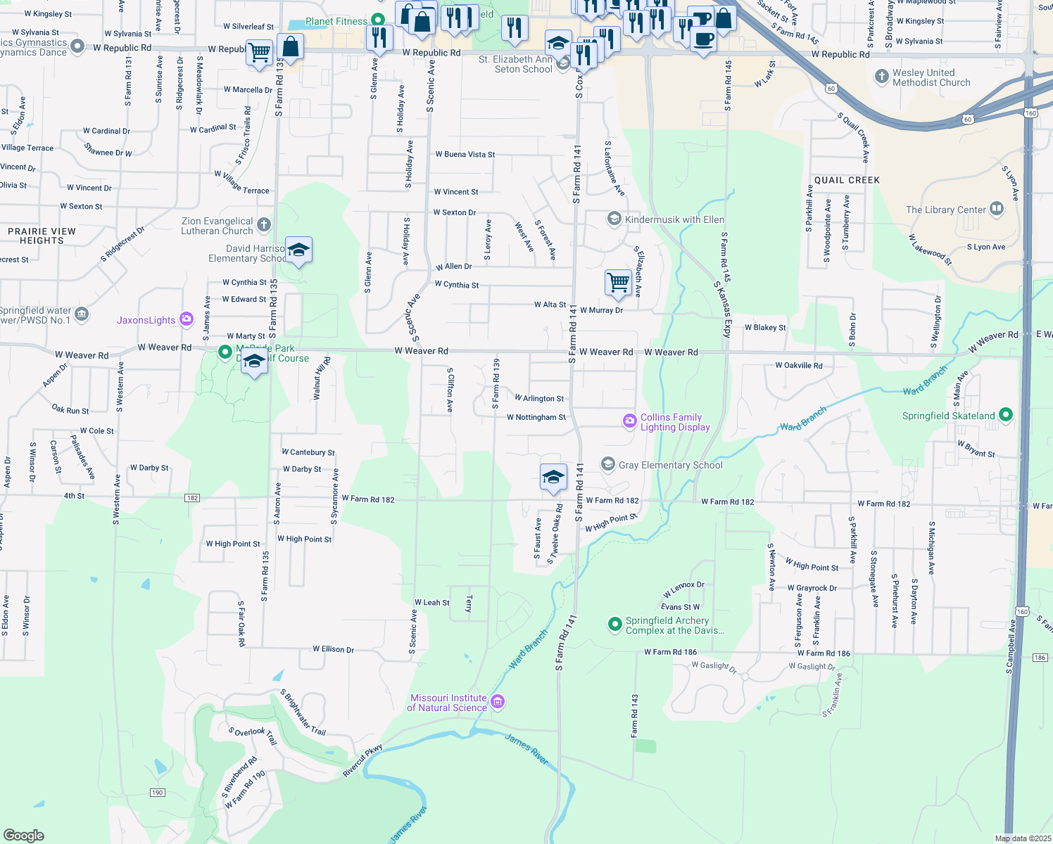 map of restaurants, bars, coffee shops, grocery stores, and more near 2314 W Nottingham St in Springfield