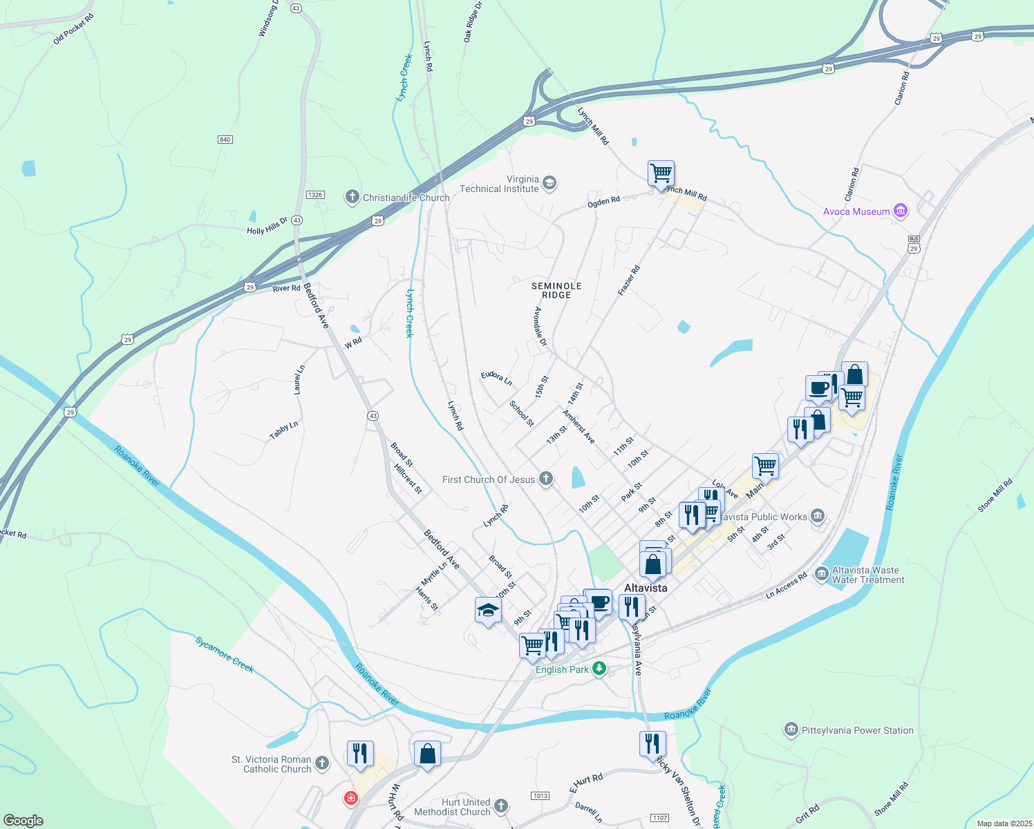 map of restaurants, bars, coffee shops, grocery stores, and more near 1600 School Street in Altavista